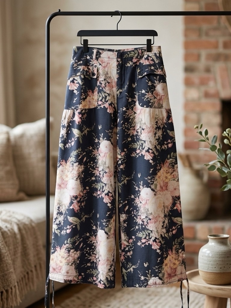 Davi & Dani Wide Leg Black Floral Denim Drawstring Hem Converts To Jogger Style.